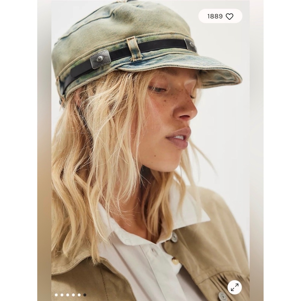 Free People Washed Denim Cadet Hat Women's Western Leather Band Blue NWT